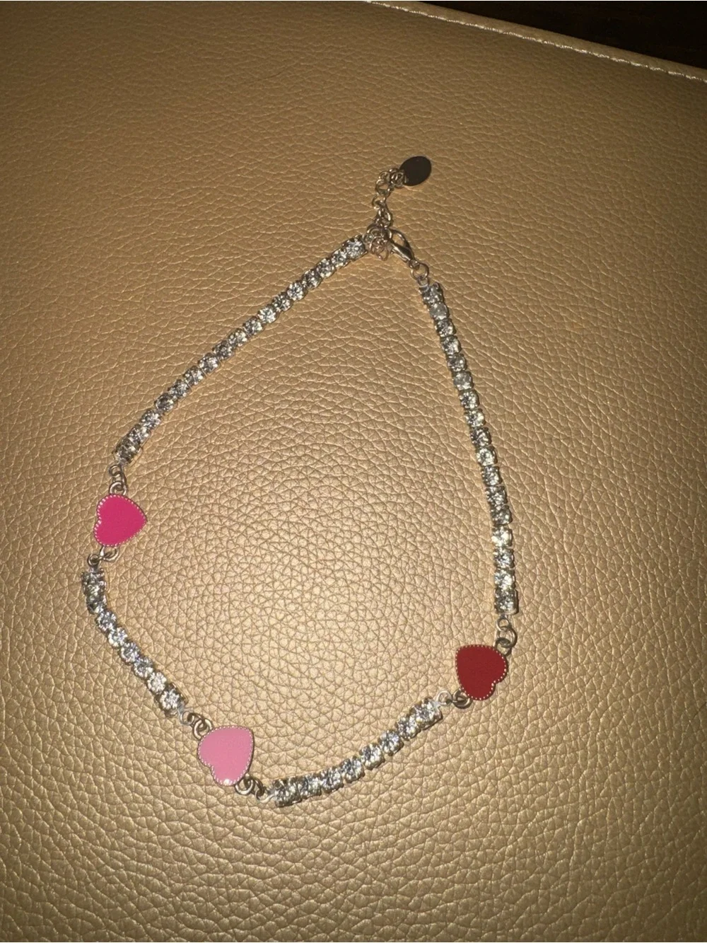 Silver tone Crystal Necklace with Pink and Red Heart Charms-Kids